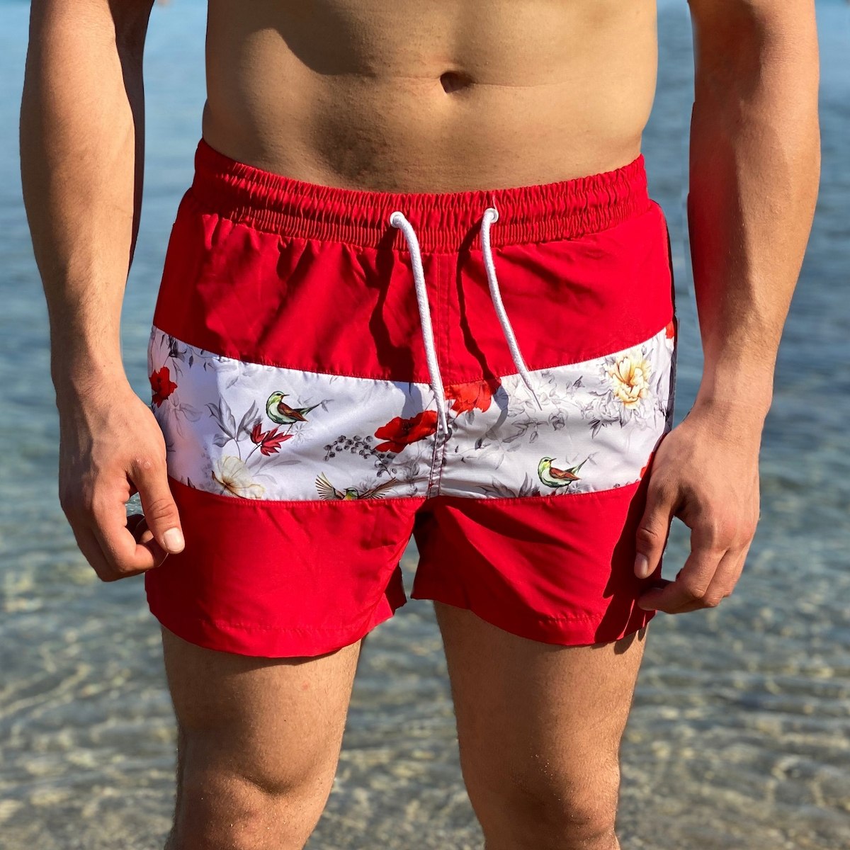 Men's Floral Striped Swimming Short In Red