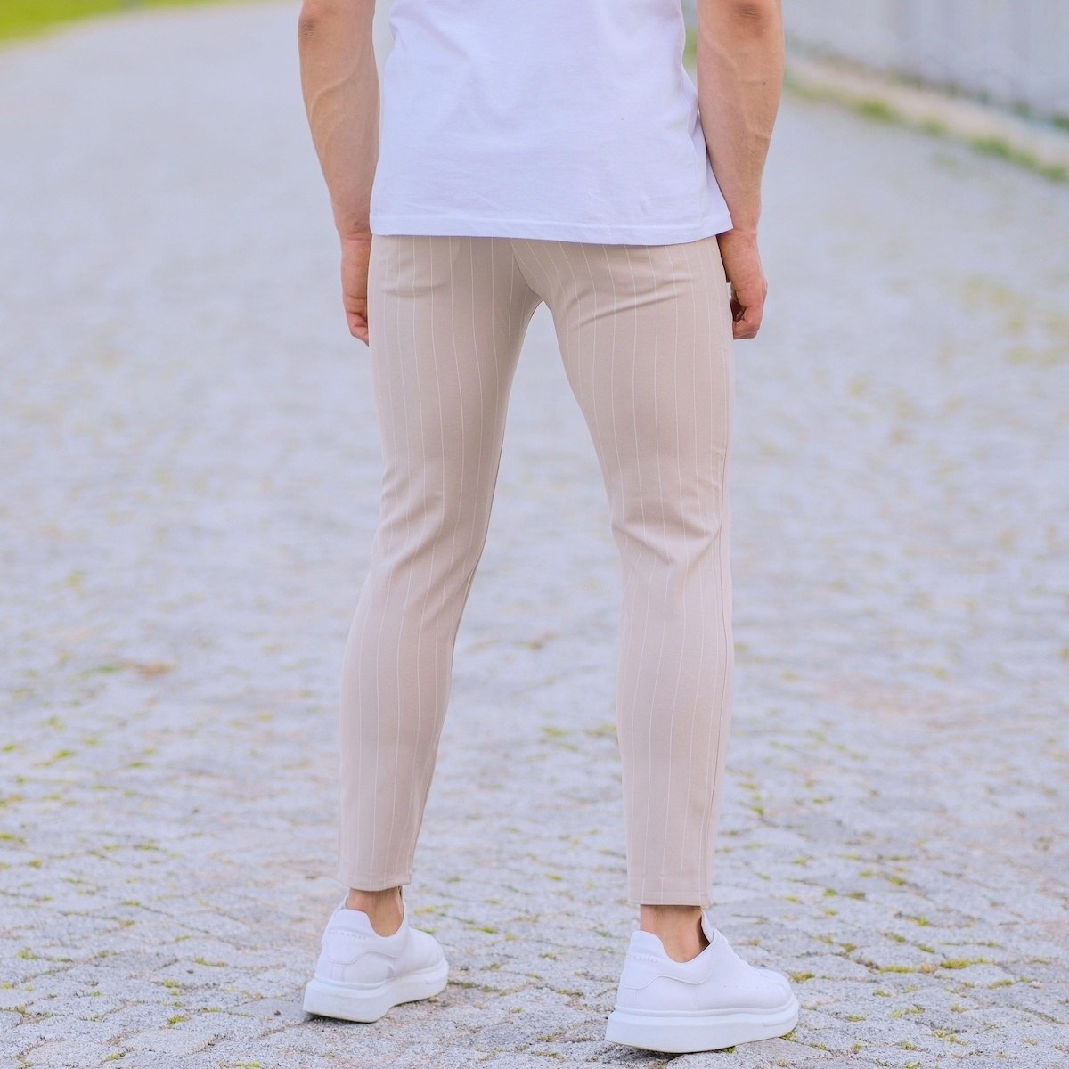Stone Cream Trousers With White Stripes and Chain | Martin Valen