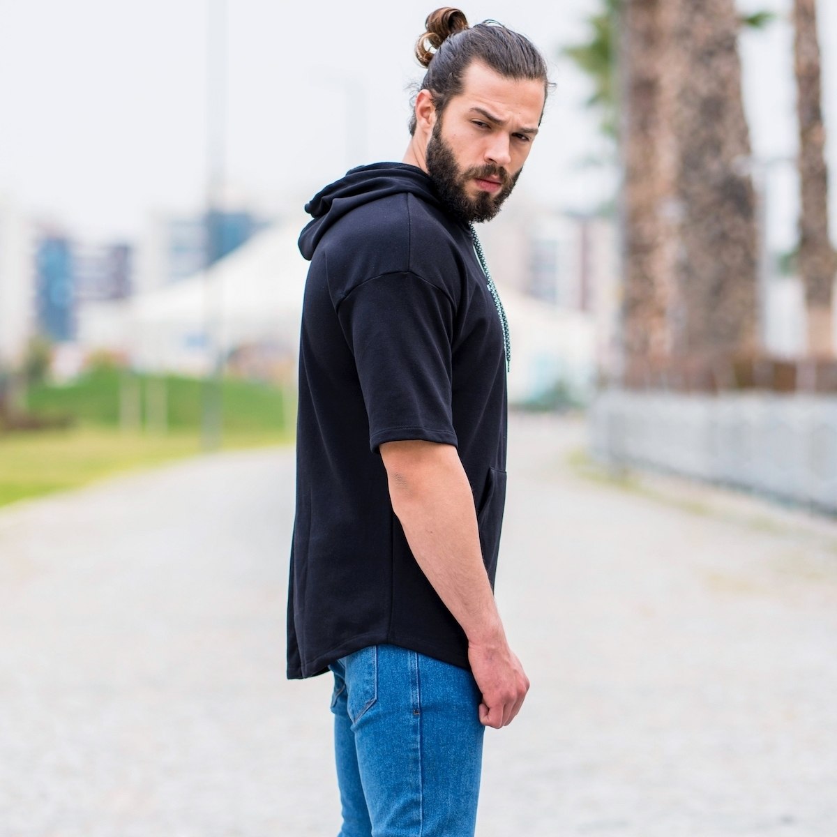 Men's "Sub-Culture" Half-Sleeved Hoodie In Black