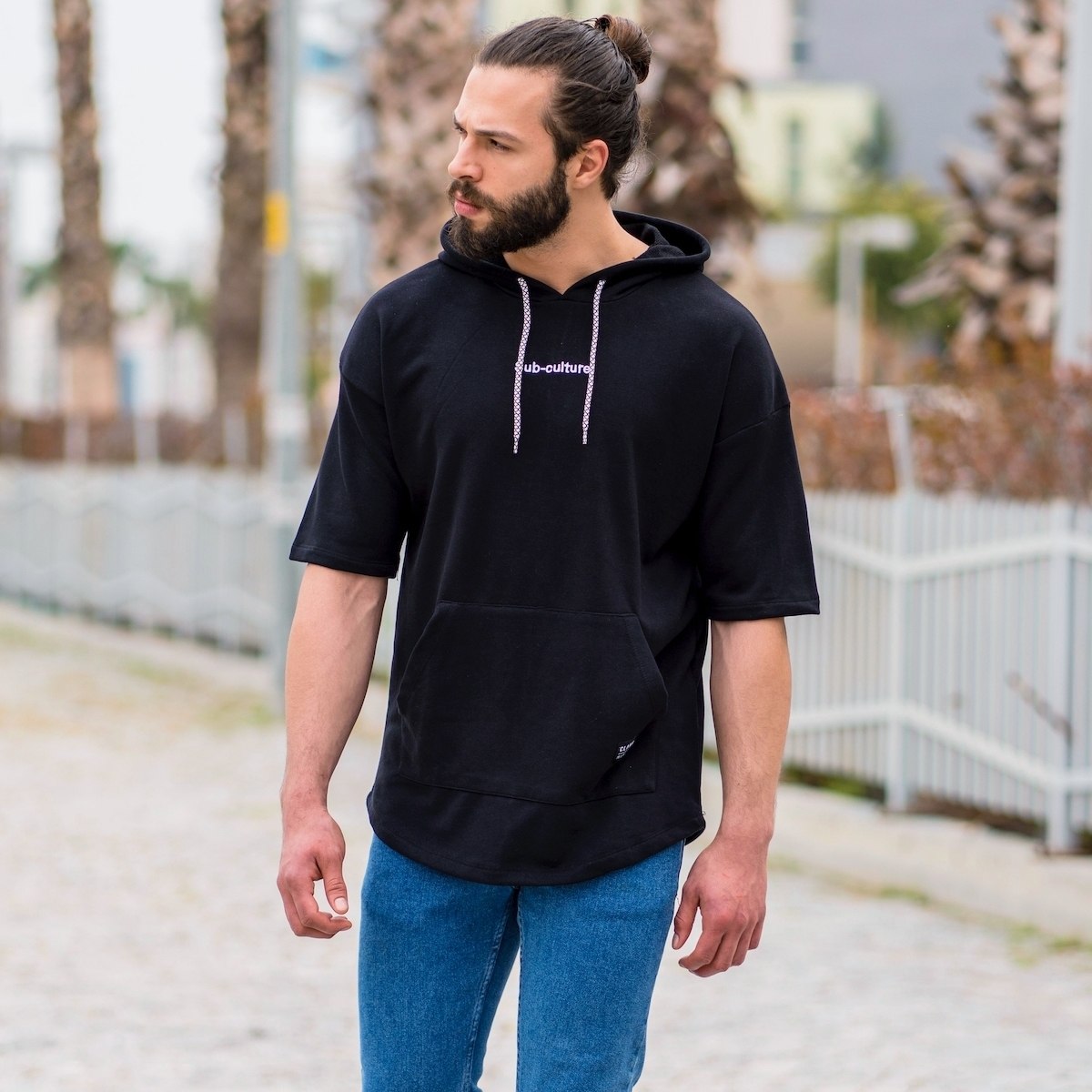 Men's "Sub-Culture" Half-Sleeved Hoodie In Black