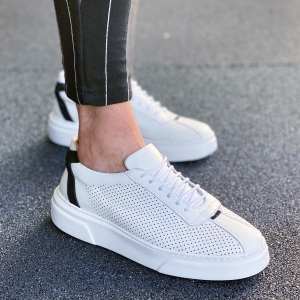 Herren Sneakers Aus Premium Leder Mit Loch Details Und Streifen In Weiß - 1