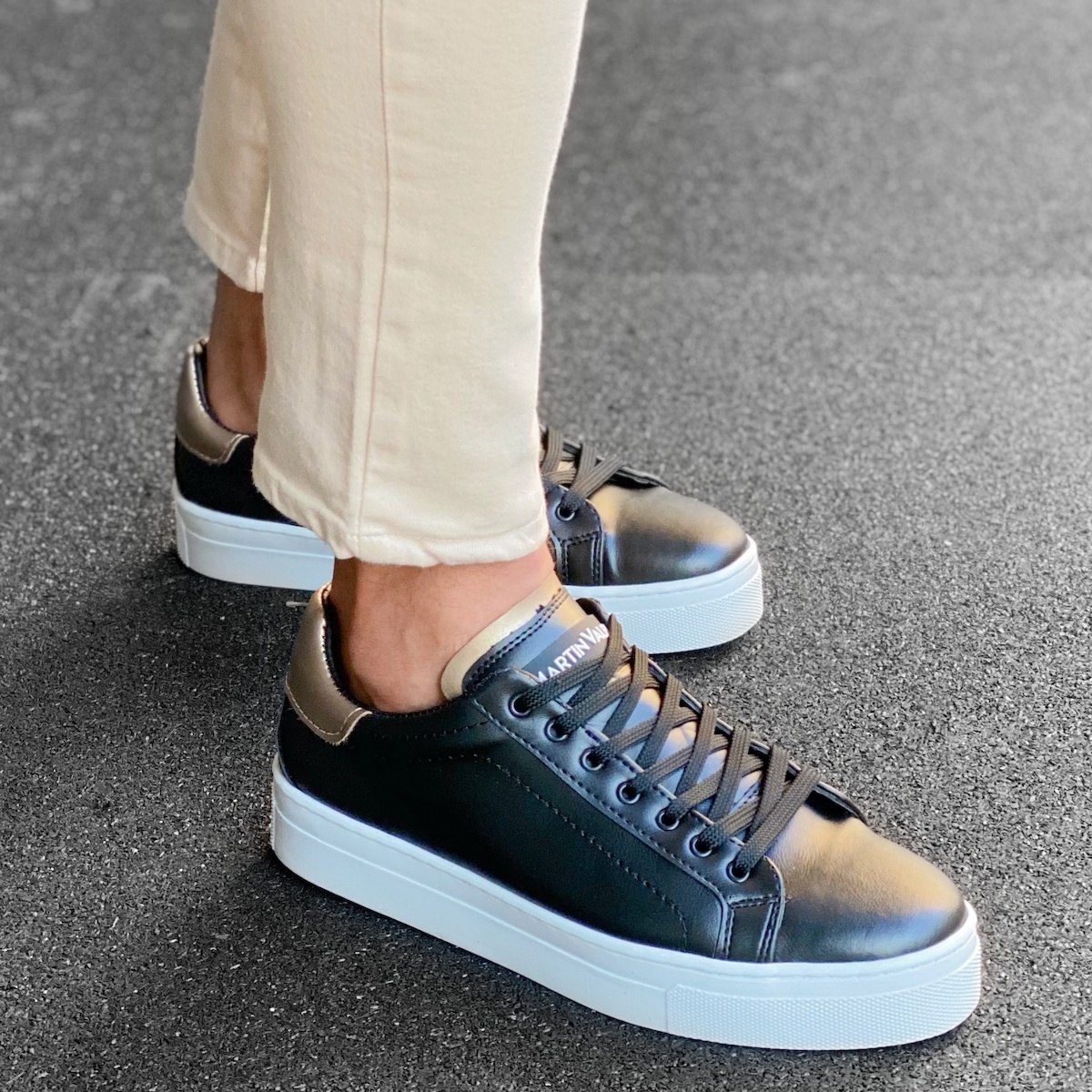 Uomo Basse Casual Sneakers Scarpe Nero-Oro | Martin Valen