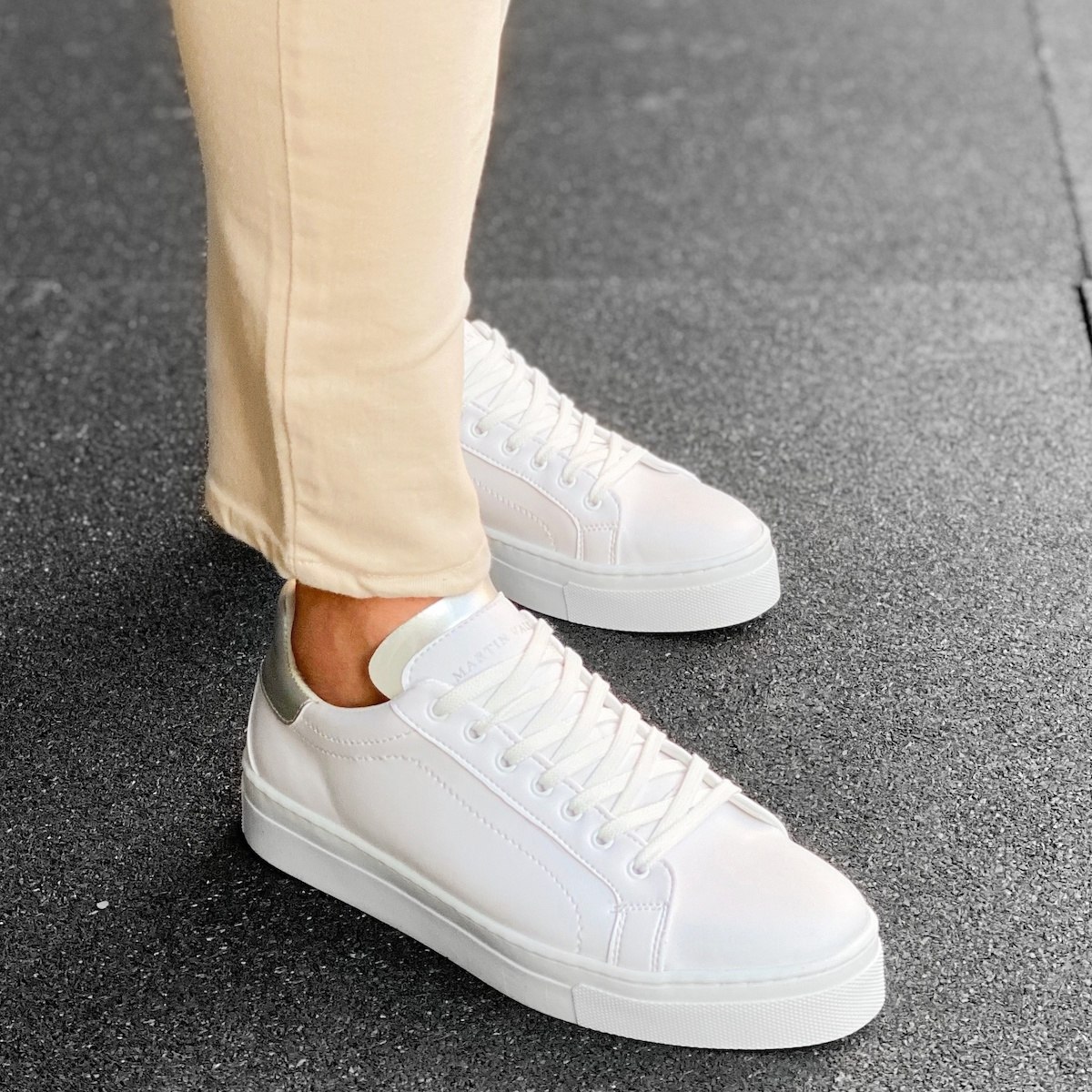 Men's Flat Sole Low Sneakers In White-Silver - 1