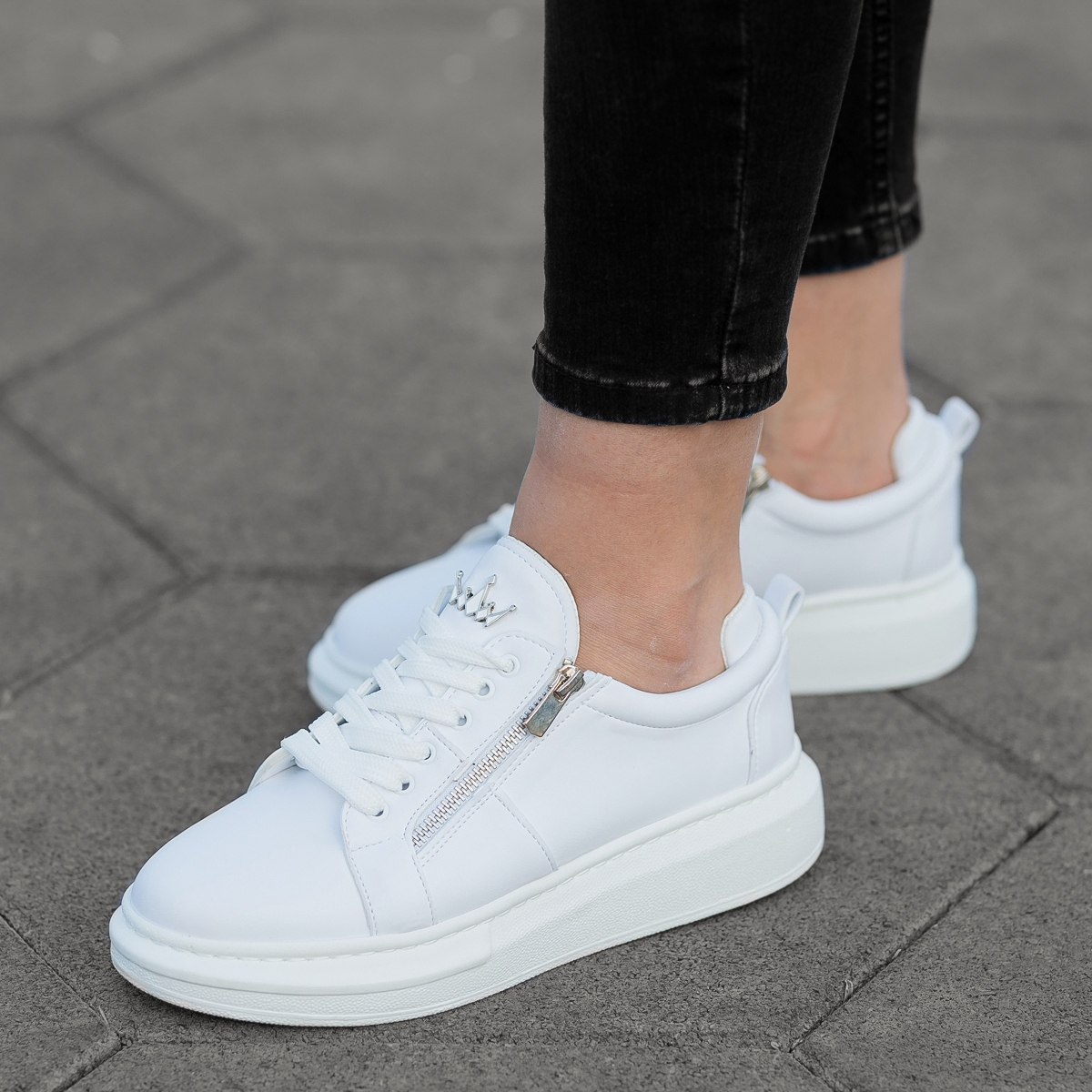 Damen Hohe Sohle Sneaker mit Reißverschlüssen in Weiß | Martin Valen