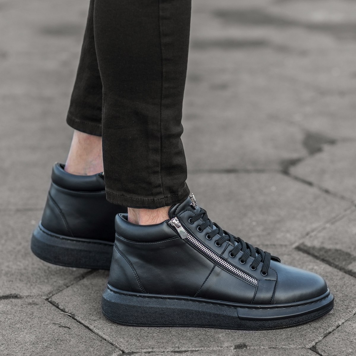 Hype Sole Zipped Style High Top Sneakers in Full Black | Martin Valen