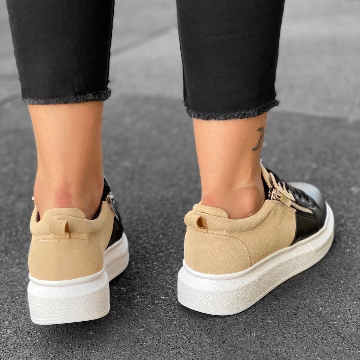 Women's Hype Sole Zipped Style Sneakers In Cream-Black | Martin Valen