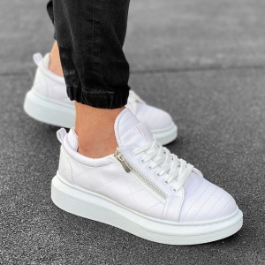 Casual Sneakers With Stitch and Side-zip Design in White - 4