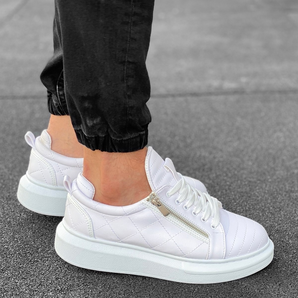 Casual Sneakers With Stitch and Side-zip Design in White - 5