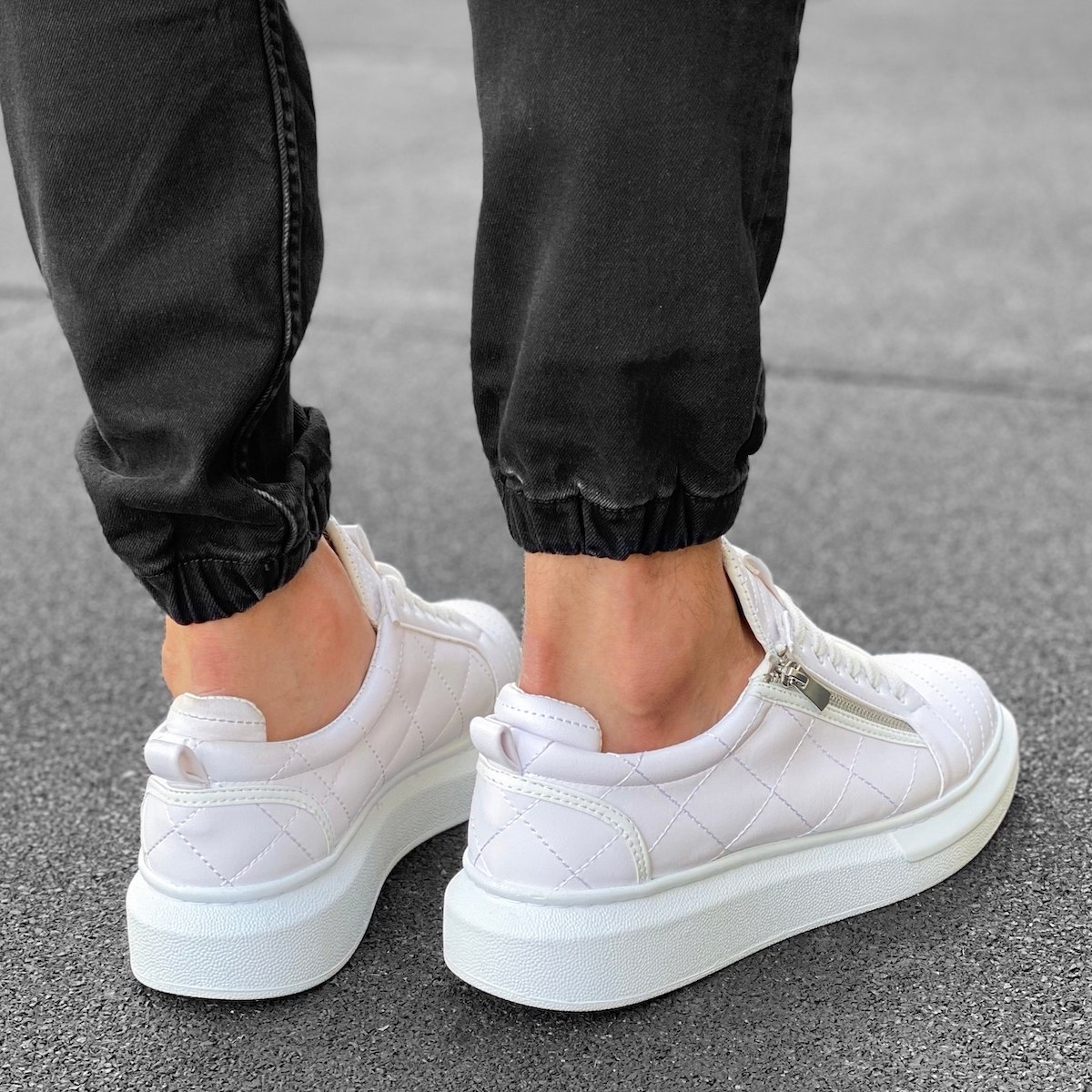 Casual Sneakers With Stitch and Side-zip Design in White - 6