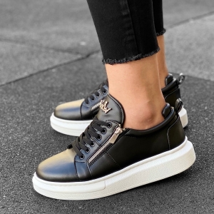 Woman's Hype Sole Zipped Style Sneakers in Black-White - 3