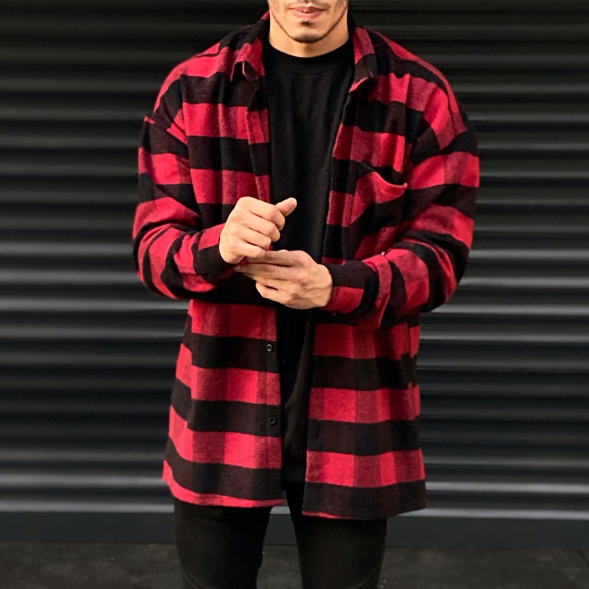 Men's Plaid Woolen Oversize Shirt In Black&Red - 2
