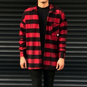 Men's Plaid Woolen Oversize Shirt In Black&Red - 3