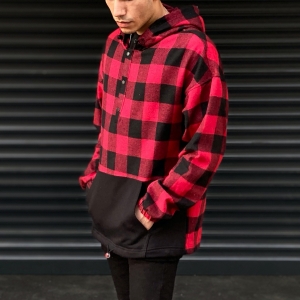 Men's Plaid Oversize Shirt With Pocket Detail In Black&Red - 2