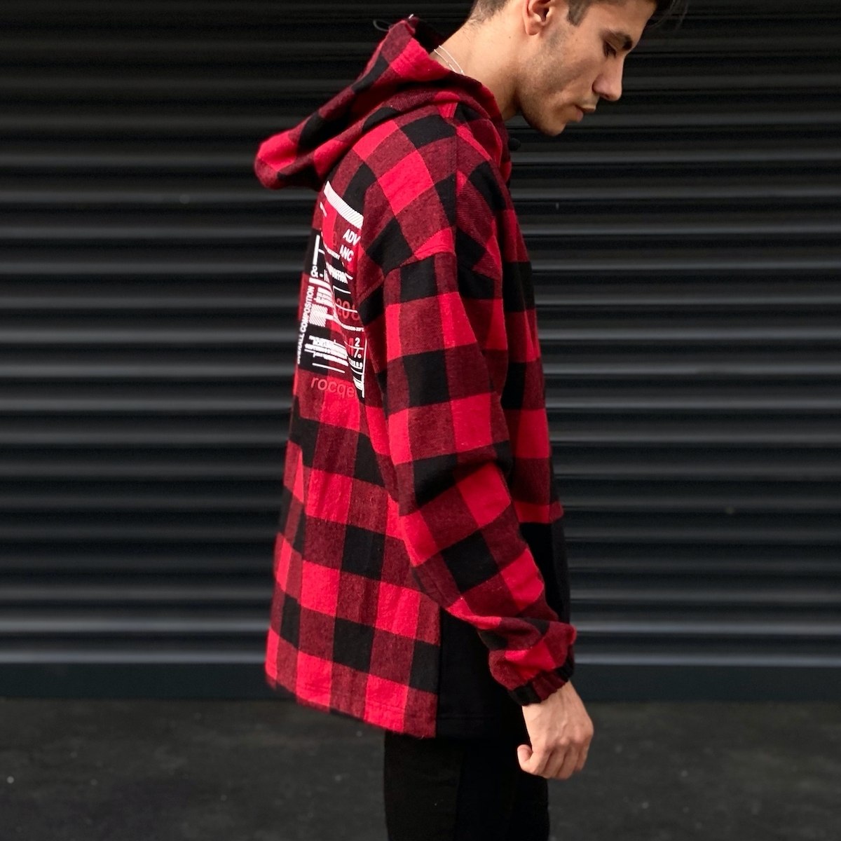 Men's Plaid Oversize Shirt With Pocket Detail In Black&Red - 4