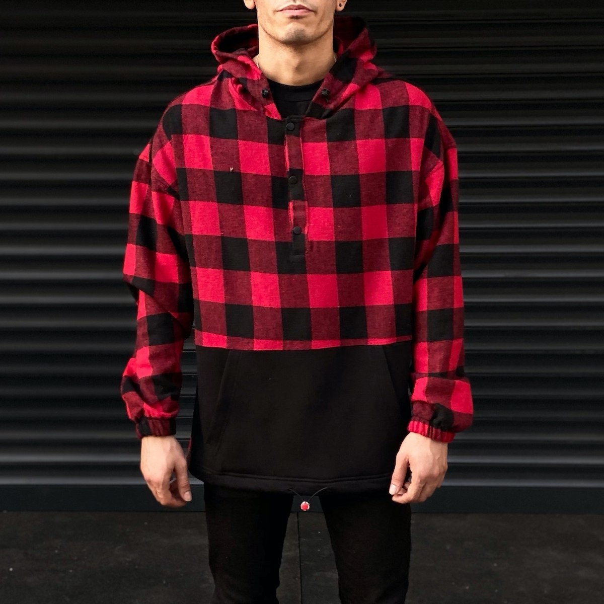 Men's Plaid Oversize Sweatshirt With Pocket Detail In Black&Red