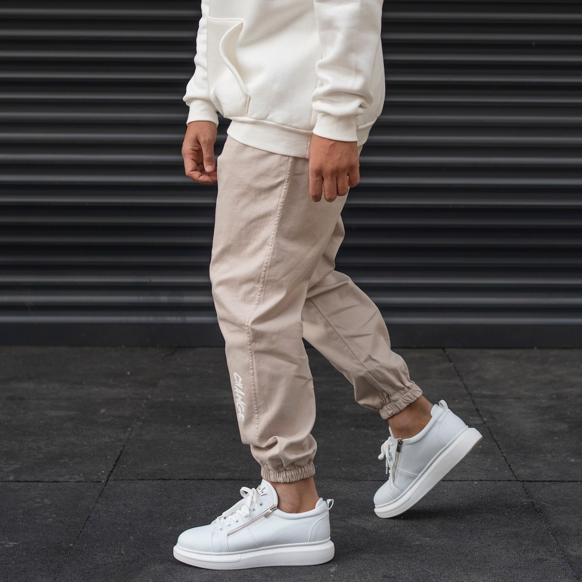 Men's Joggers With Text Details In Beige