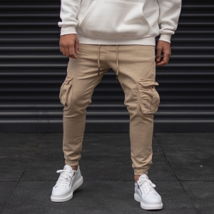Men's Cargo Joggers With Pockets In Beige - 2