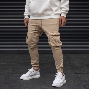 Men's Cargo Joggers With Pockets In Beige - 1