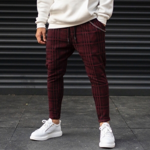 Men's Plaid Cachet Sweatpants With Chain Detail In Claret Red - 1