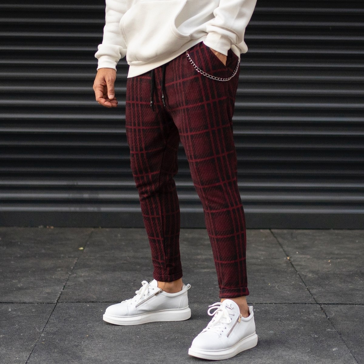 Men's Plaid Cachet Sweatpants With Chain Detail In Claret Red | Martin Valen