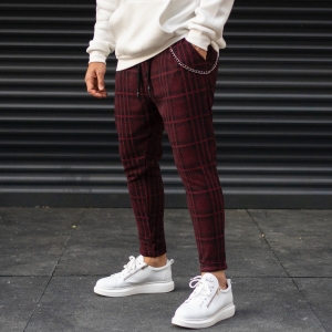 Men's Plaid Cachet Sweatpants With Chain Detail In Claret Red - 2