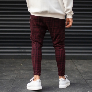 Men's Plaid Cachet Sweatpants With Chain Detail In Claret Red - 4