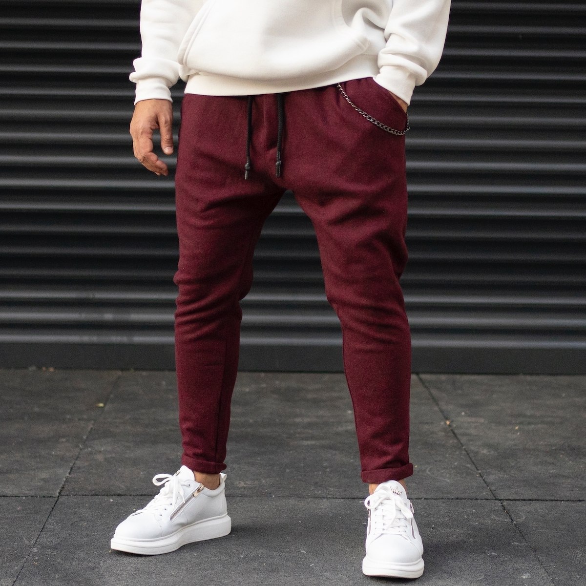 Men's Cachet Textured Sweatpants With Chain Detail In Claret Red - 1