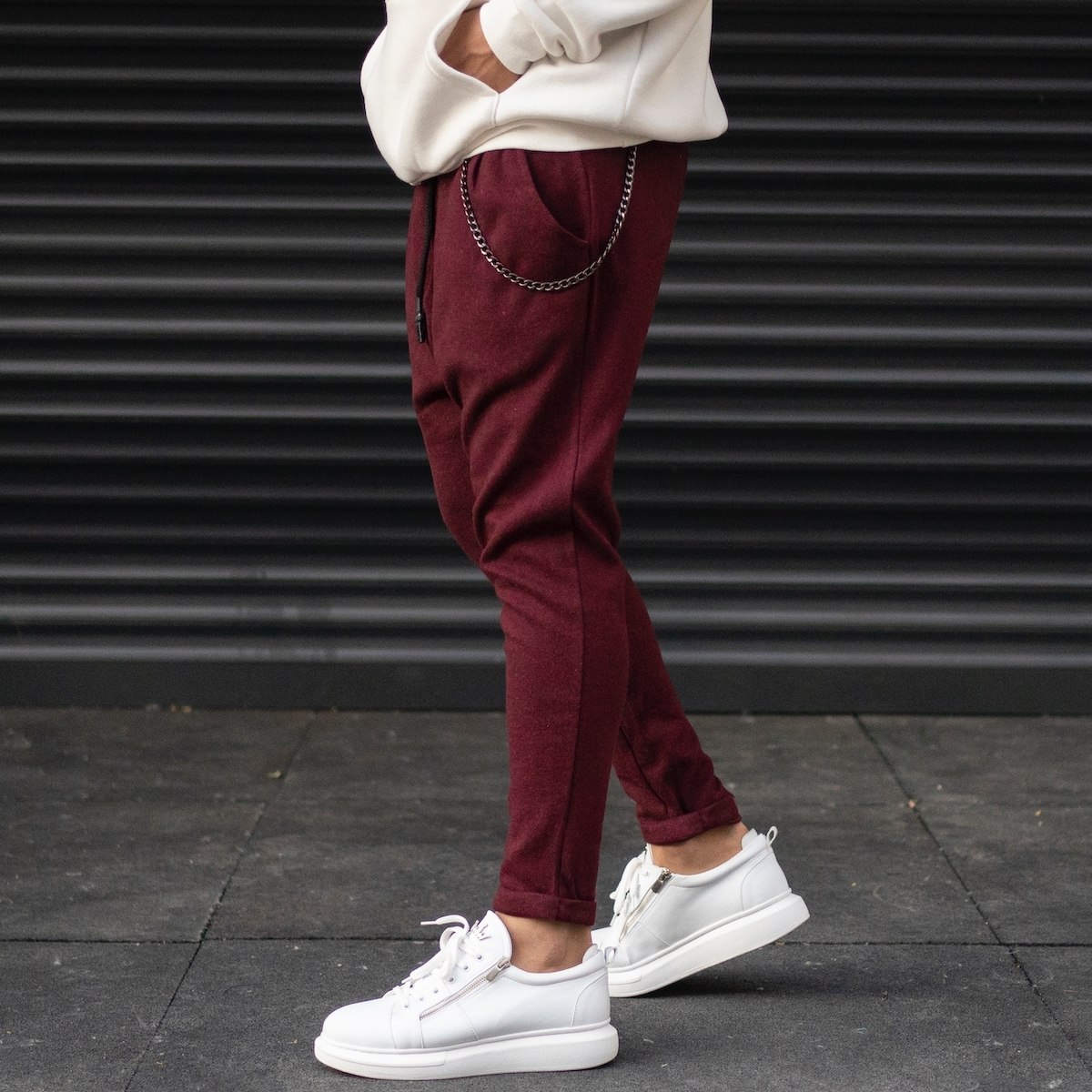 Men's Cachet Textured Sweatpants With Chain Detail In Claret Red - 3