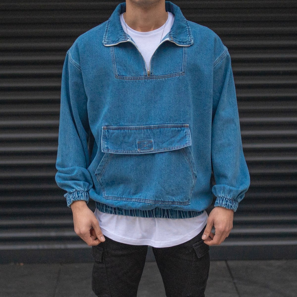 Men's Denim Jacket With Kangaroo Pocket In Blue
