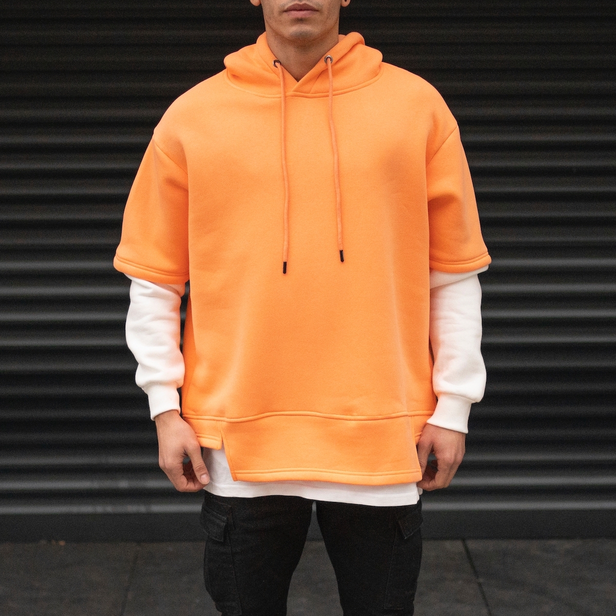 Men's Oversize Half Sleeve Detailed Hoodie Orange&White