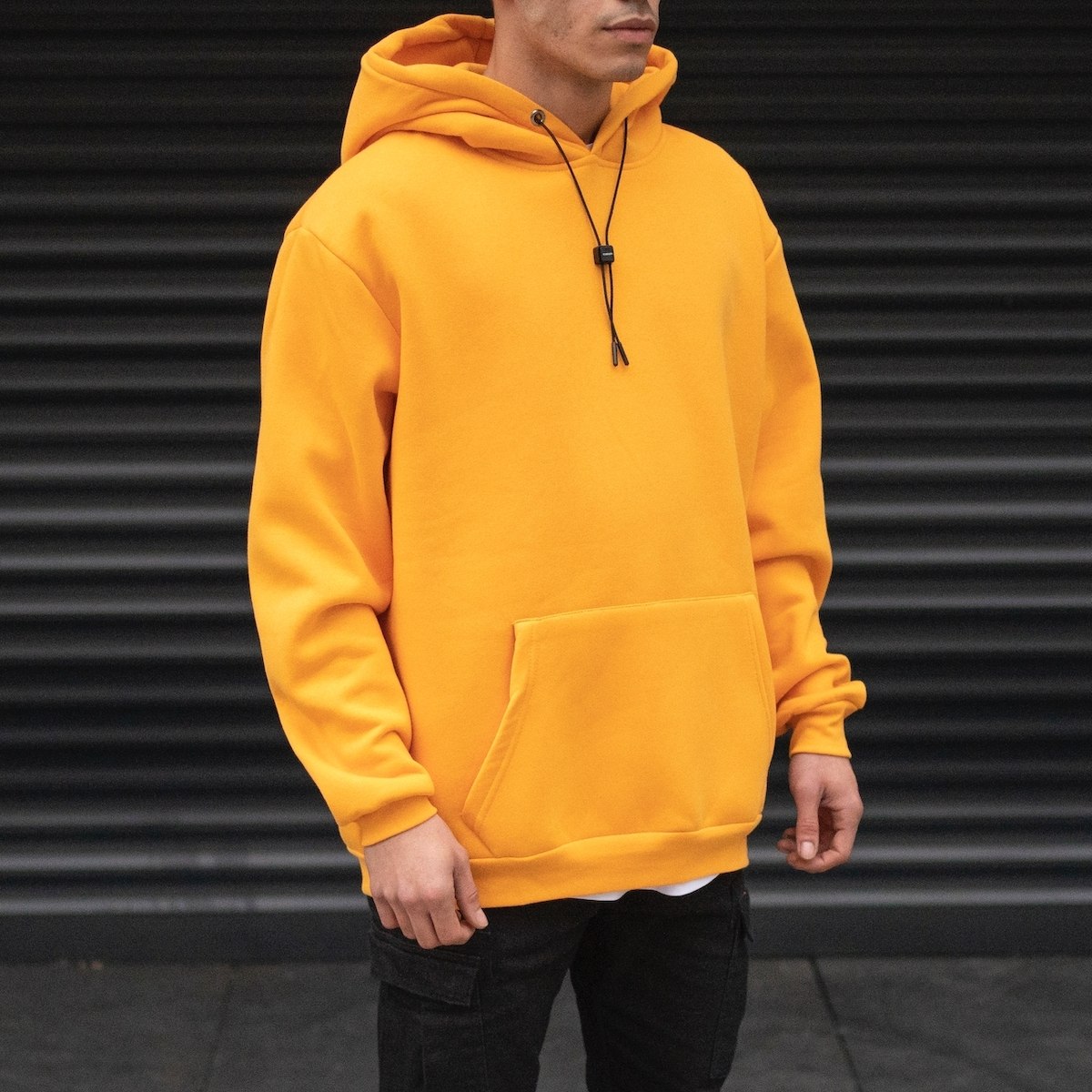 Men's Oversize Basic Hoodie Sweatshirt With Kangaroo Pocket In Mustard - 4