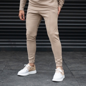 Men's Front Corded Jogger Sweatpants With Elastic Hem In Cream - 2