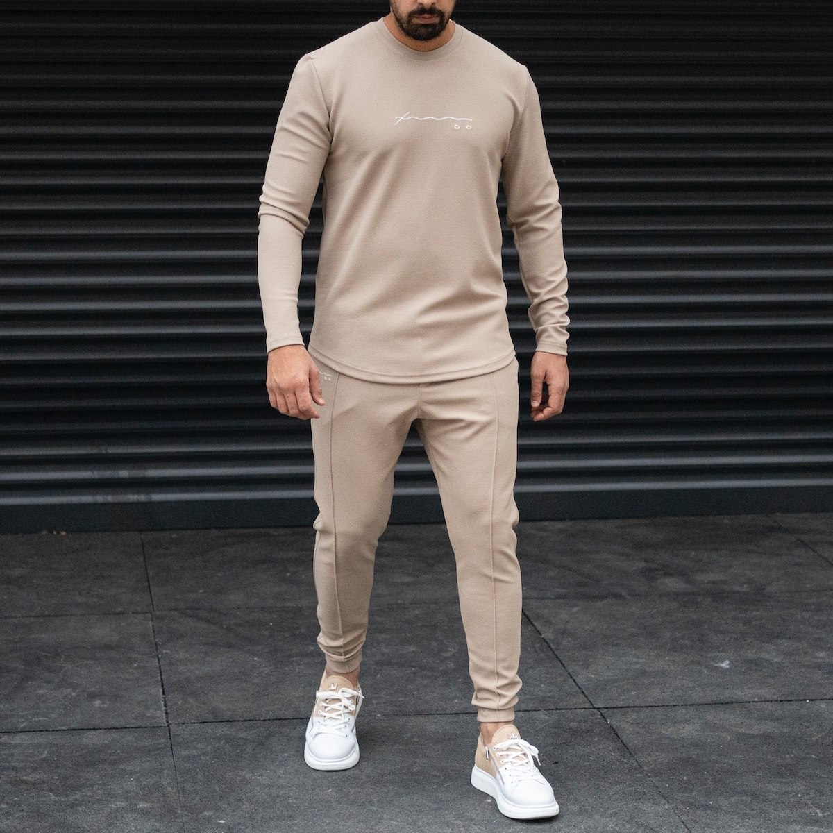 Men's Front Corded Jogger Tracksuit With Elastic Hem In Cream
