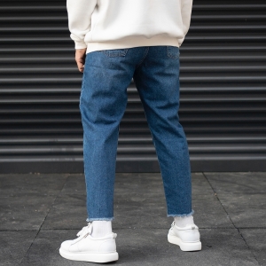 Herren Basic Jeans mit weitem Schnitt und ausgefransten Beinabschlüssen in blau - 4