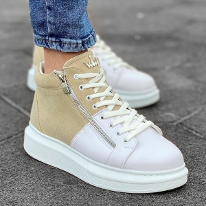 Men’s High Top Sneakers Designer Zipper Shoes Cream-White