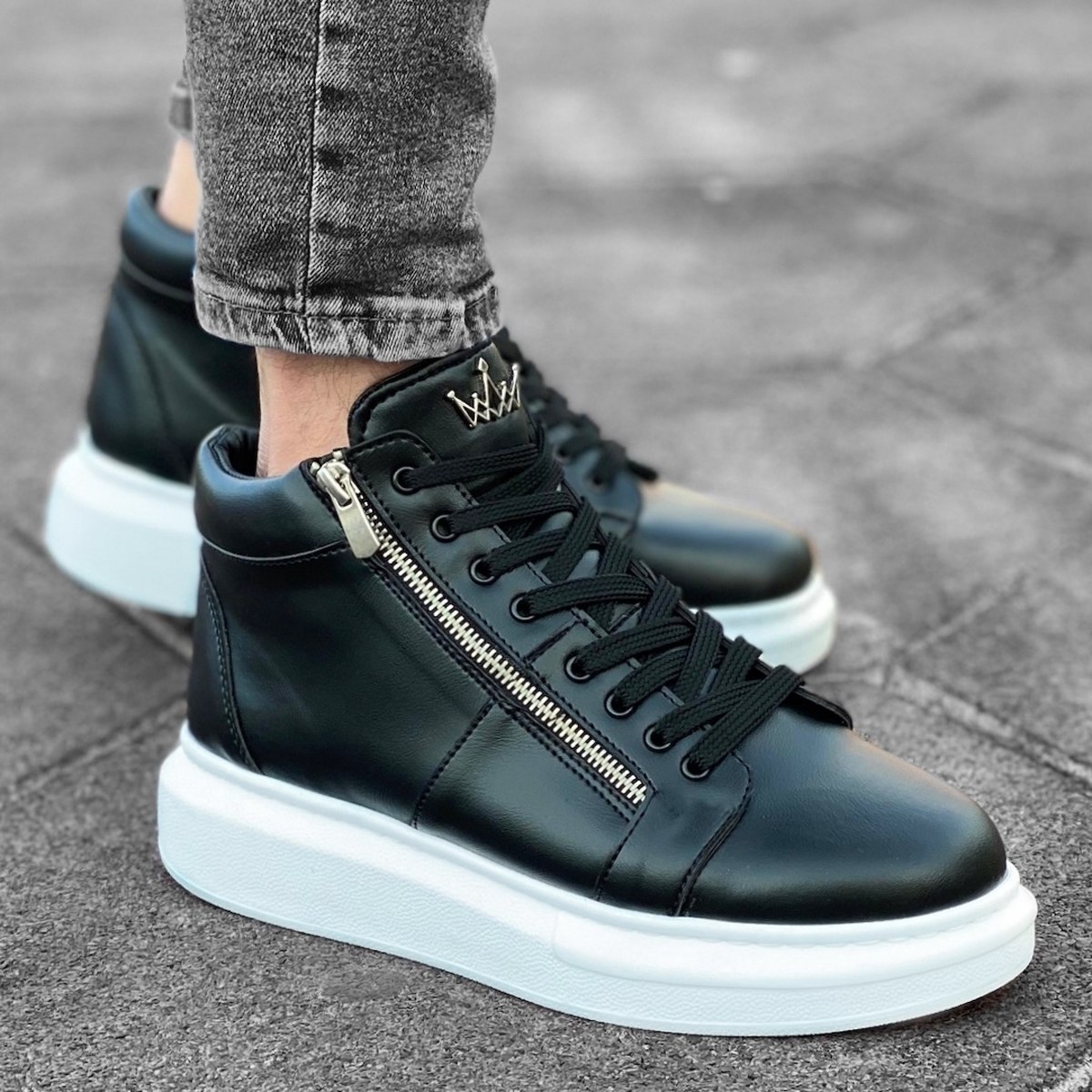 Herren High Top Sneakers Designer Schuhe mit Reissverschluss in schwarz-weiss - 1