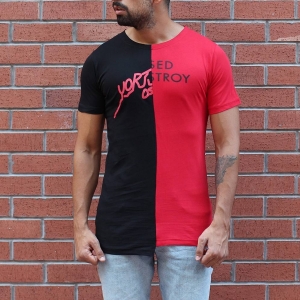 Men's Round Neck Split Color T-Shirt Black&Red