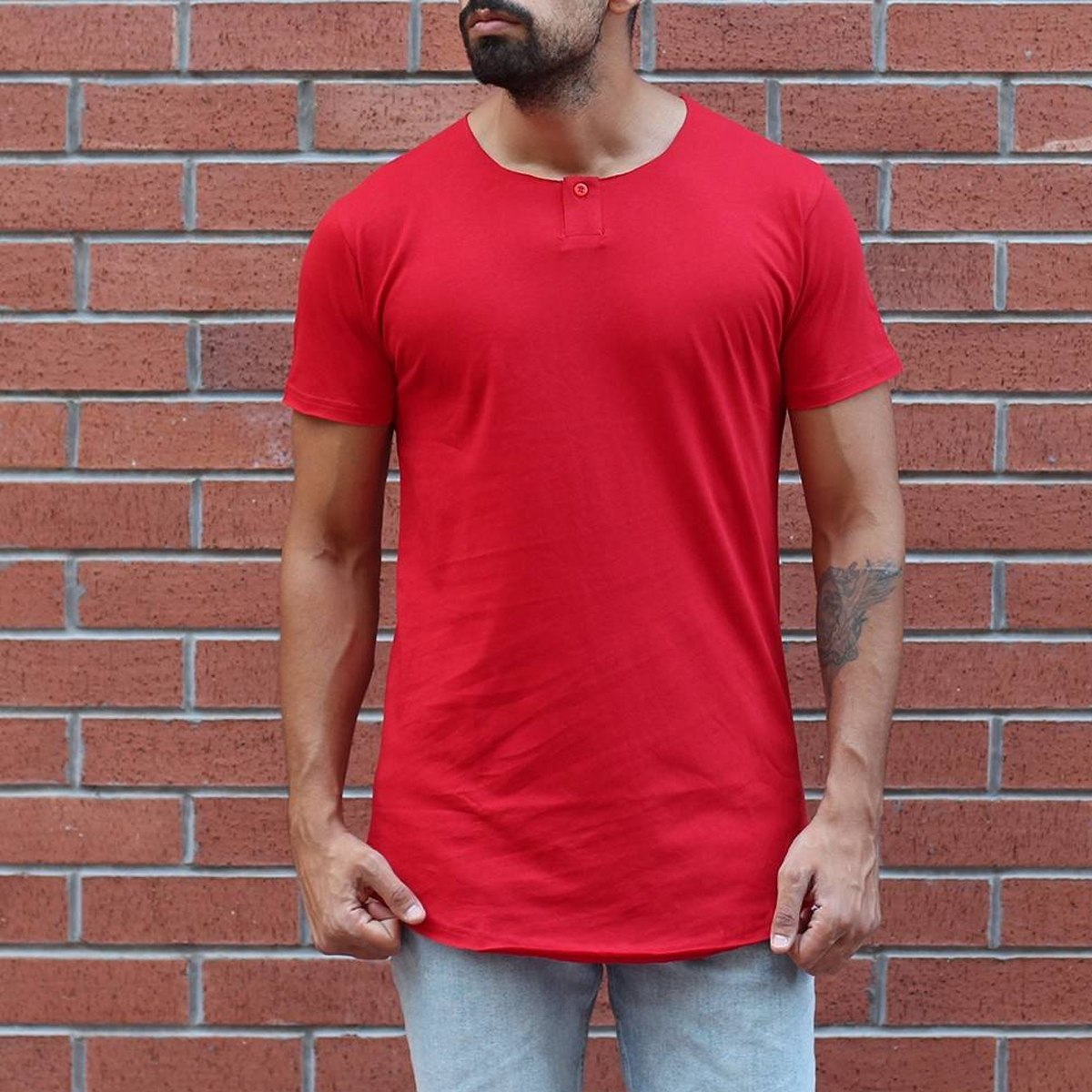 Men's Button Round Neck Oversized T-Shirt Red - 1