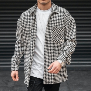 Men's Plaid Patterned Houndstooth Oversize Shirt In Black & White