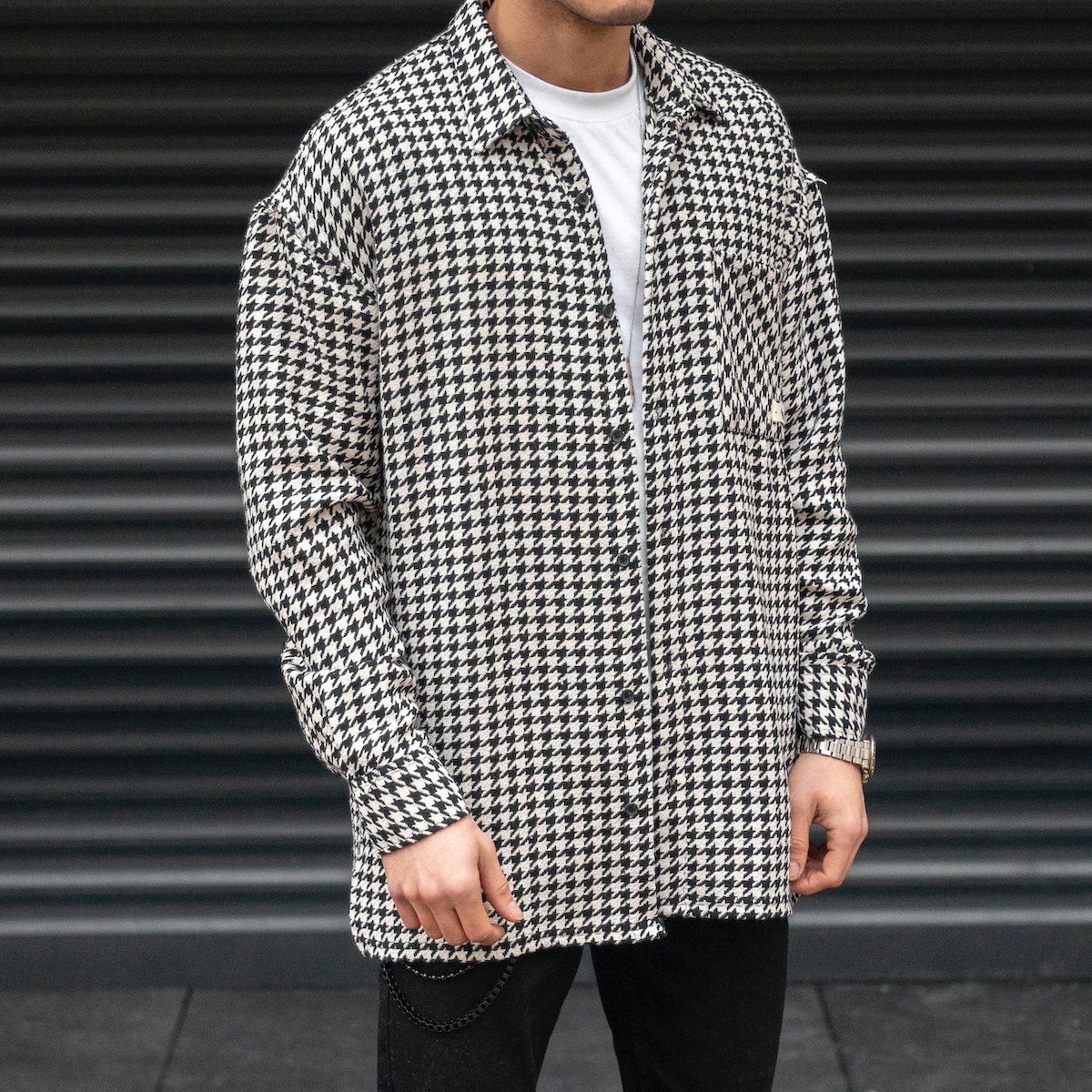 Men's Plaid Patterned Houndstooth Oversize Shirt In Black & White