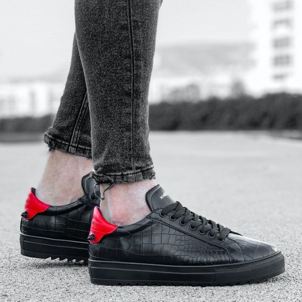 Herren Low Top Sneakers Schuhe mit Krokodilleder Optik in schwarz-rot - 1
