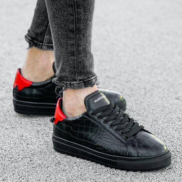 Herren Low Top Sneakers Schuhe mit Krokodilleder Optik in schwarz-rot - 2
