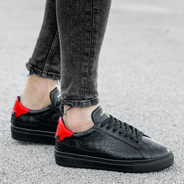 Herren Low Top Sneakers Schuhe mit Krokodilleder Optik in schwarz-rot - 3
