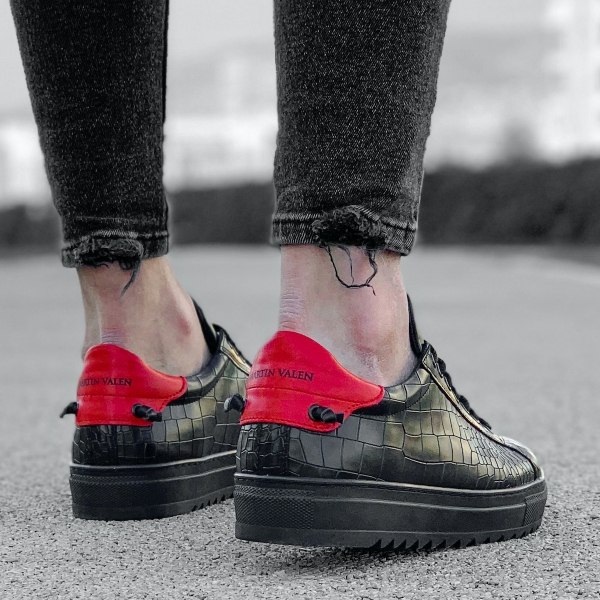 Herren Low Top Sneakers Schuhe mit Krokodilleder Optik in schwarz-rot - 4