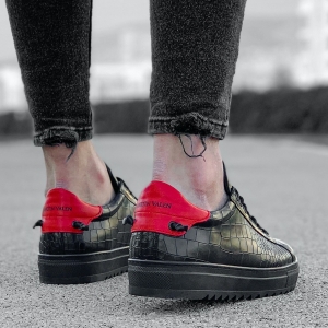 Uomo Basse Coccodrillo Sneakers Scarpe Nero-Rosso - 4