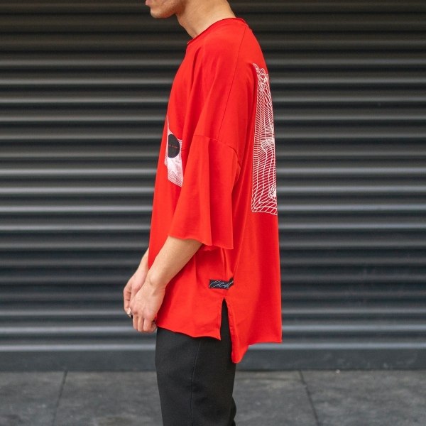 Men's Oversize T-Shirt Ripped Neck Print Detailed Red