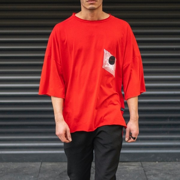 Men's Oversize T-Shirt Ripped Neck Print Detailed Red
