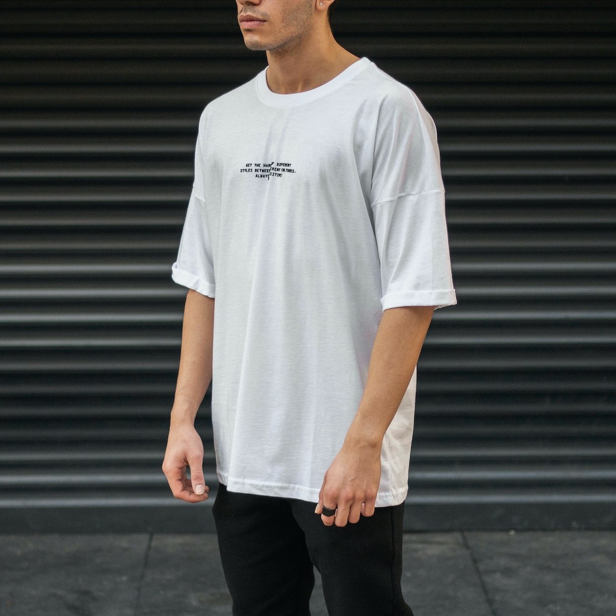 Men's Oversize T-Shirt Round Neck Text Printed White | Martin Valen