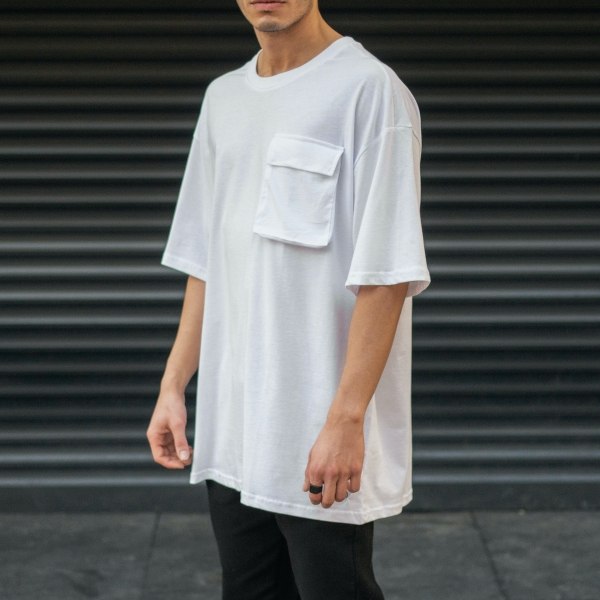Men's Oversize T-Shirt Round Neck Pocket Detailed White - 2
