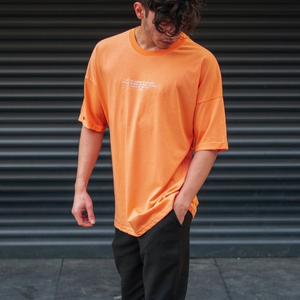 Men's Oversize T-Shirt Round Neck Text Printed Orange - 6